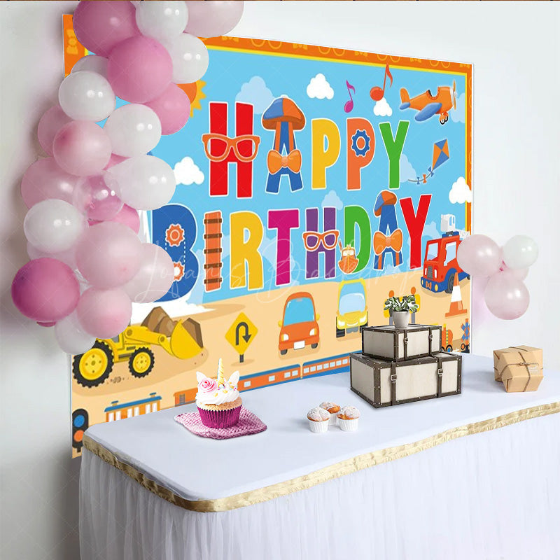 Lofaris Transportation Themed Happy Birthday Backdrop for Boy Cartoon Cars Train and Rocket Kids Vehicle Party Decor