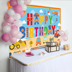 Lofaris Transportation Themed Happy Birthday Backdrop for Boy Cartoon Cars Train and Rocket Kids Vehicle Party Decor