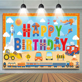 Lofaris Transportation Themed Happy Birthday Backdrop for Boy Cartoon Cars Train and Rocket Kids Vehicle Party Decor