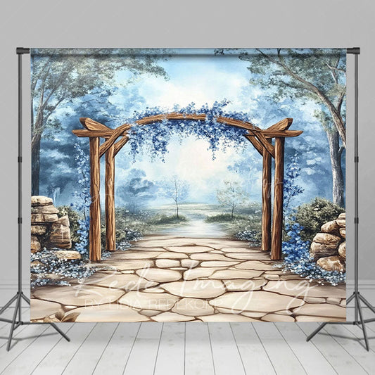 Lofaris Trees Blue Floral Arch Stone Floor Photo Backdrop