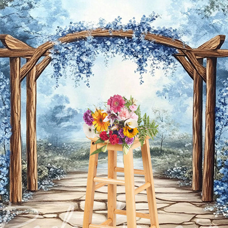 Lofaris Trees Blue Floral Arch Stone Floor Photo Backdrop