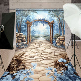 Lofaris Trees Blue Floral Arch Stone Floor Sweep Backdrop