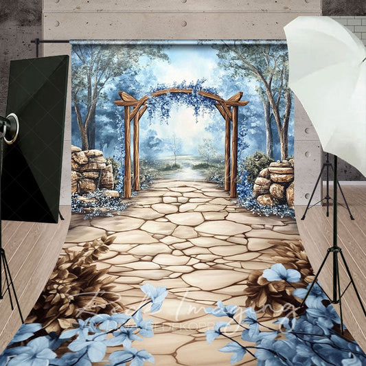 Lofaris Trees Blue Floral Arch Stone Floor Sweep Backdrop