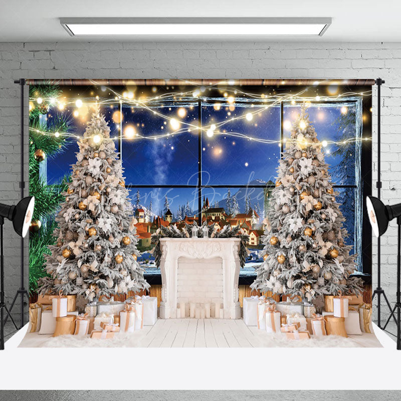 Lofaris Trees Gifts Night Rural Town Window Scene Backdrop