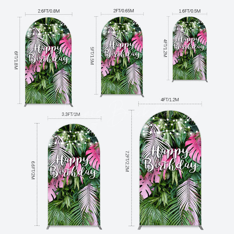 Lofaris Tribal Green Pink Monstera Birthday Arch Backdrop