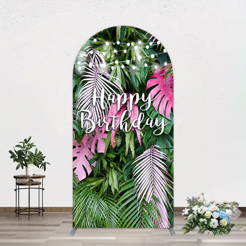 Lofaris Tribal Green Pink Monstera Birthday Arch Backdrop