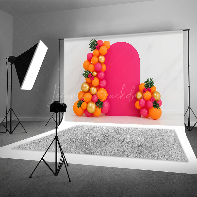 Lofaris Tropical Balloon Arch Cake Smash Backdrop Pink Orange and Gold Balloons Summer Themed First Birthday Photo Prop
