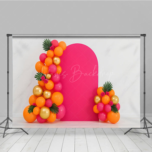 Lofaris Tropical Balloon Arch Cake Smash Backdrop Pink Orange and Gold Balloons Summer Themed First Birthday Photo Prop