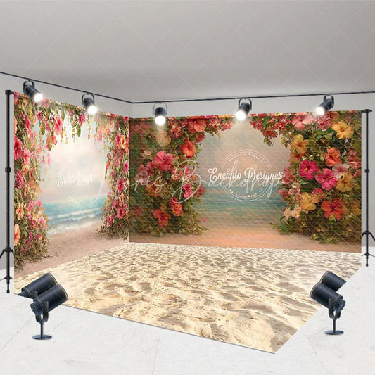 Lofaris Tropical Beach Floral Arch Room Set Backdrop with Sandy Floor and Ocean View for Romantic Photoshoots