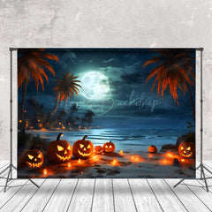 Lofaris Tropical Beach Full Moon Pumpkin Halloween Backdrop