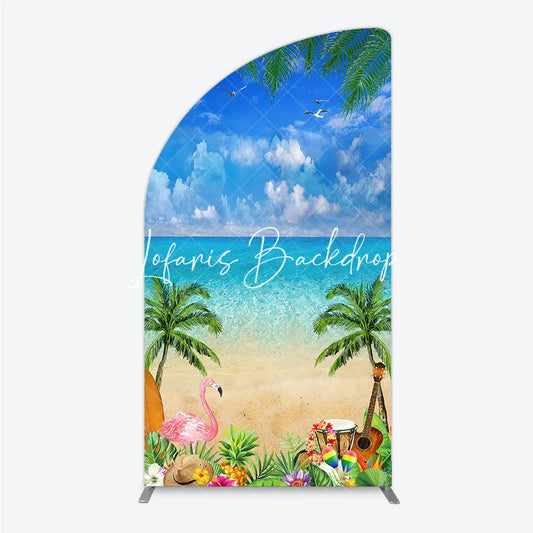 Lofaris Tropical Beach Hawaiian Luau Half Moon Arch Backdrop Blue Sky Ocean Palm Trees Flamingo Pineapple Decor.