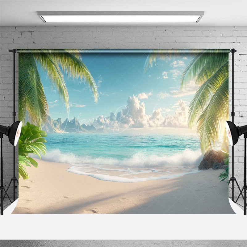 Lofaris Tropical Beach Scene Palm Distant Mountains Backdrop