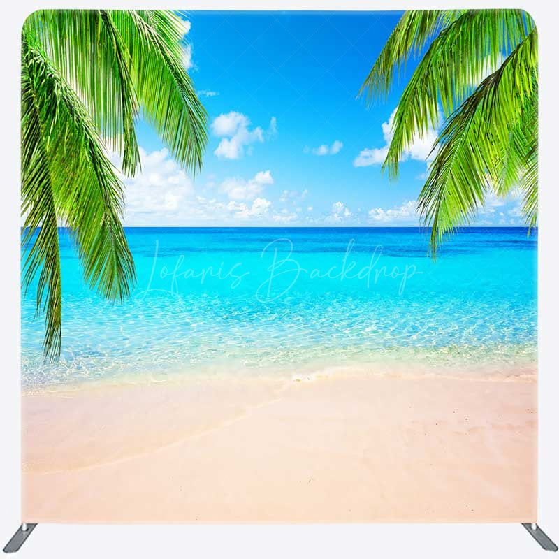 Lofaris Tropical Beach Tension Fabric Backdrop Summer Ocean with Blue Sky and Palm Trees Paradise Island Photo Prop