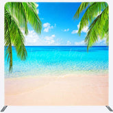 Lofaris Tropical Beach Tension Fabric Backdrop Summer Ocean with Blue Sky and Palm Trees Paradise Island Photo Prop