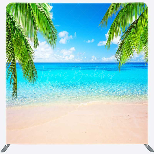 Lofaris Tropical Beach Tension Fabric Backdrop Summer Ocean with Blue Sky and Palm Trees Paradise Island Photo Prop