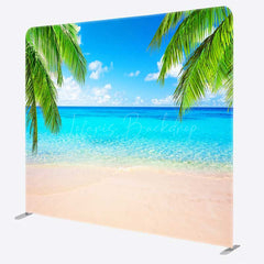 Lofaris Tropical Beach Tension Fabric Backdrop Summer Ocean with Blue Sky and Palm Trees Paradise Island Photo Prop