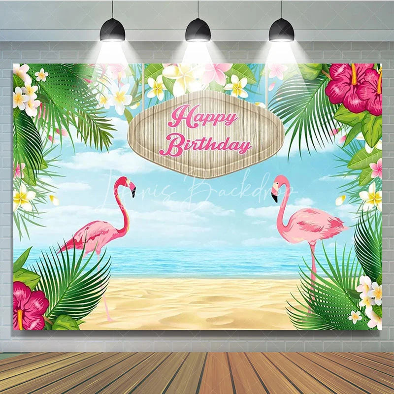 Lofaris Tropical Flamingo Happy Birthday Backdrop Summer Beach with Palm Leaves Hawaiian Luau Party Photo Booth Decor