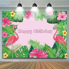 Lofaris Tropical Flamingo Happy Birthday Backdrop Summer Beach with Palm Leaves Hawaiian Luau Party Photo Booth Decor