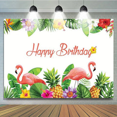 Lofaris Tropical Flamingo Happy Birthday Backdrop Summer Beach with Palm Leaves Hawaiian Luau Party Photo Booth Decor
