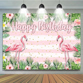 Lofaris Tropical Flamingo Happy Birthday Backdrop Summer Beach with Palm Leaves Hawaiian Luau Party Photo Booth Decor
