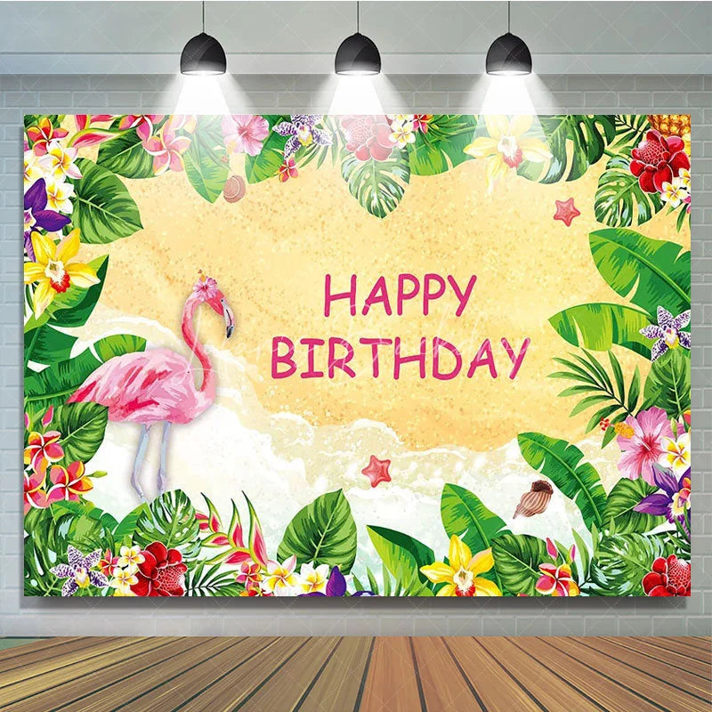 Lofaris Tropical Flamingo Happy Birthday Backdrop Summer Beach with Palm Leaves Hawaiian Luau Party Photo Booth Decor
