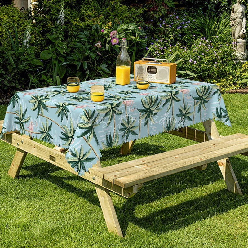 Lofaris Tropical Flamingo Rectangle Tablecloth with Palm Trees Blue Hawaiian Luau Summer Beach Party Dining Decor