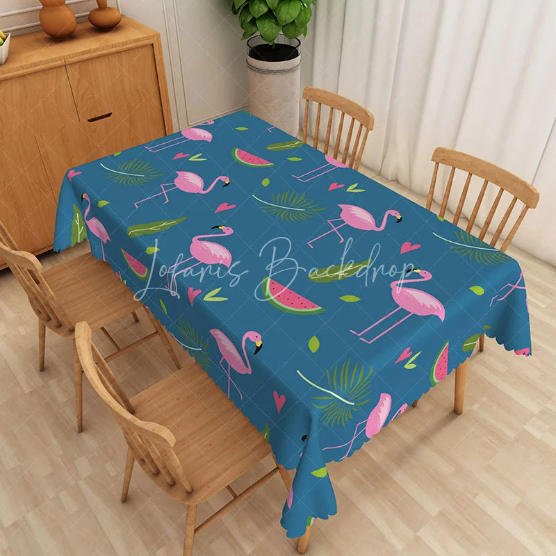 Lofaris Tropical Flamingo Watermelon Rectangle Tablecloth Blue Summer Dining Table Cover for Party