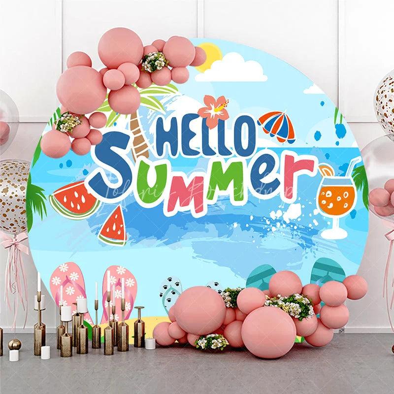 Lofaris Tropical Hello Summer Beach Round Backdrop Featuring Palm Trees and Flip-Flops for Vacation Party