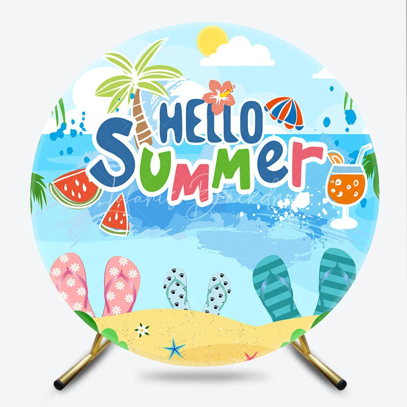 Lofaris Tropical Hello Summer Beach Round Backdrop Featuring Palm Trees and Flip-Flops for Vacation Party