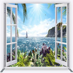 Lofaris Tropical Ocean View Tension Fabric Backdrop Summer Beach Window Sailboat and Palm Party Decorations