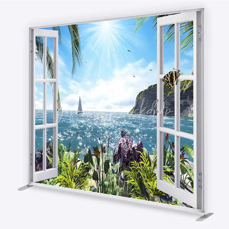 Lofaris Tropical Ocean View Tension Fabric Backdrop Summer Beach Window Sailboat and Palm Party Decorations