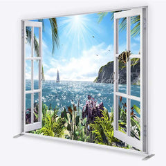 Lofaris Tropical Ocean View Tension Fabric Backdrop Summer Beach Window Sailboat and Palm Party Decorations