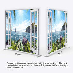 Lofaris Tropical Ocean View Tension Fabric Backdrop Summer Beach Window Sailboat and Palm Party Decorations
