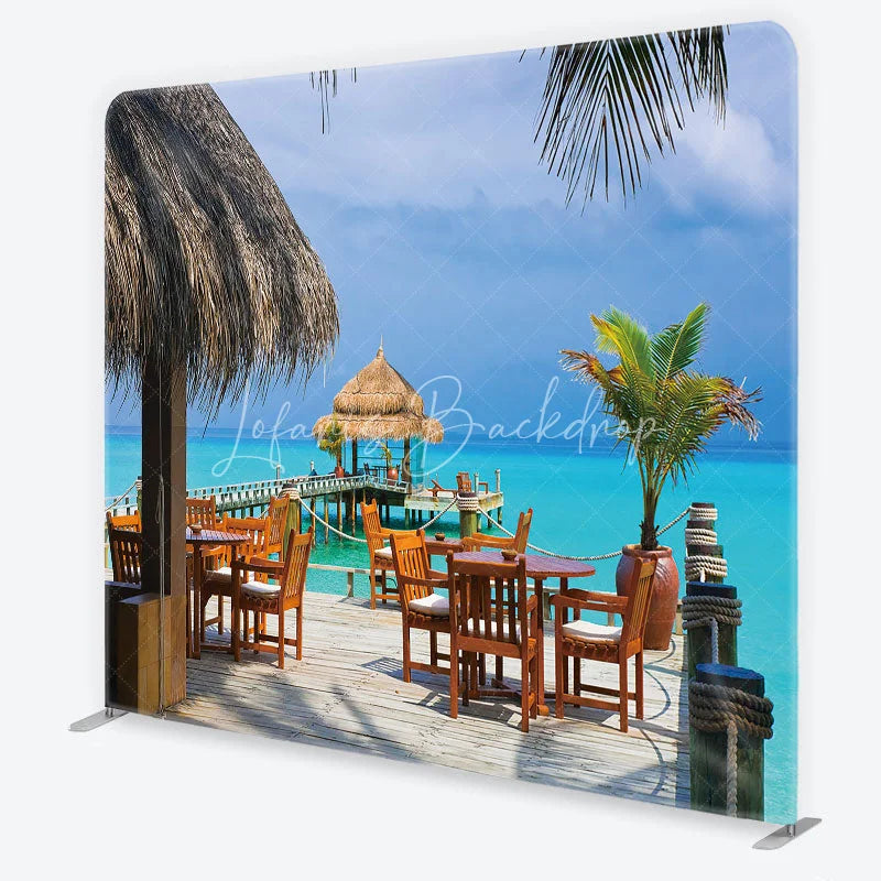 Lofaris Tropical Overwater Restaurant Square Double-Sided Backdrop featuring Turquoise Ocean and Thatched Roof Hut Decor