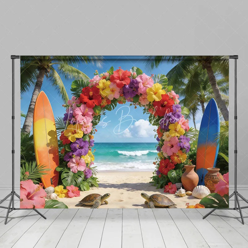 Lofaris Tropical Summer Beach with Surfboards Room Set Backdrop Vibrant Floral Arch Party Decor