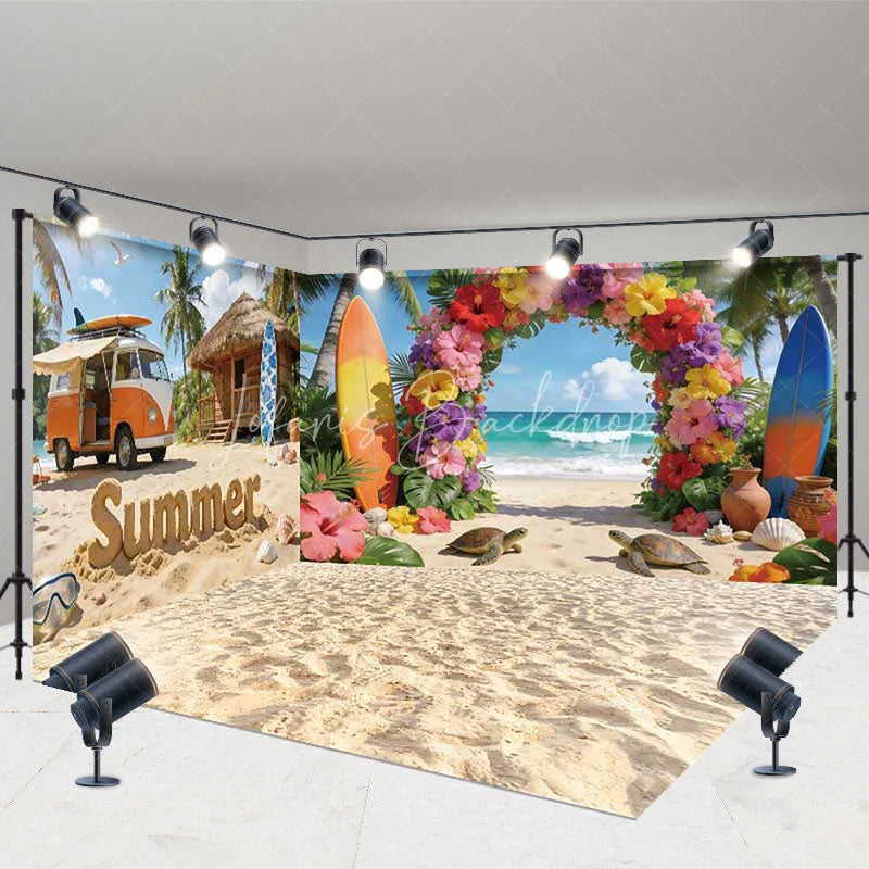 Lofaris Tropical Summer Beach with Surfboards Room Set Backdrop Vibrant Floral Arch Party Decor