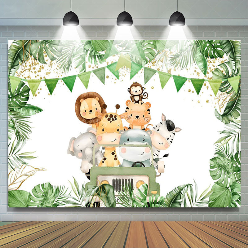 Lofaris Truck Safari Animals Plant Happy Birthday Backdrop