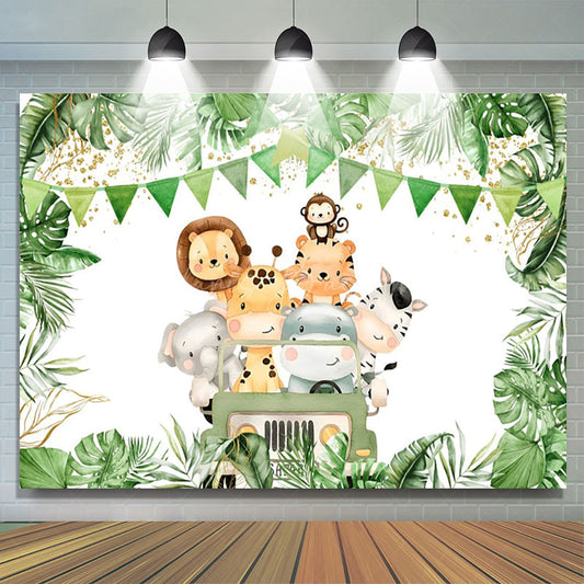 Lofaris Truck Safari Animals Plant Happy Birthday Backdrop