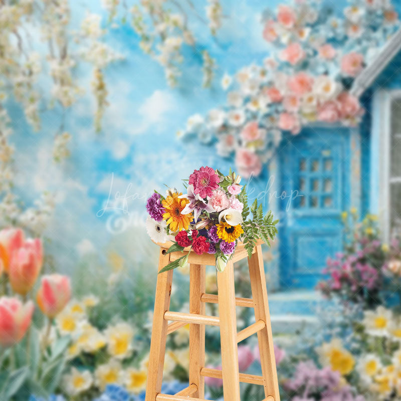 Lofaris Tulip Oil Painting Blue House Floral Spring Backdrop