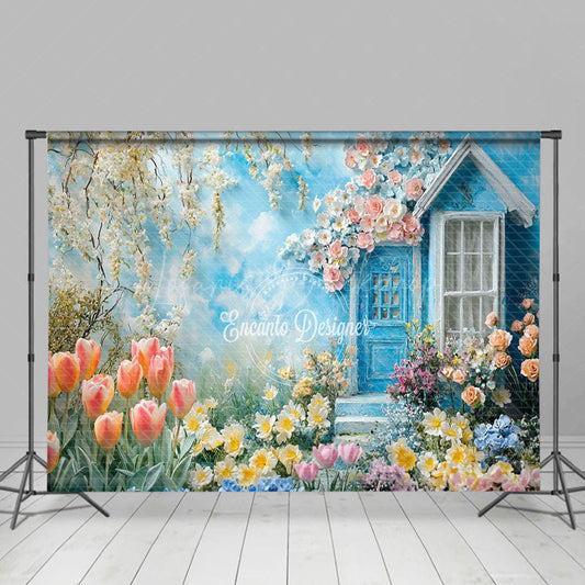 Lofaris Tulip Oil Painting Blue House Floral Spring Backdrop