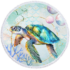 Lofaris Turtle Coral Summer Holiday Vibe Round Beach Towel