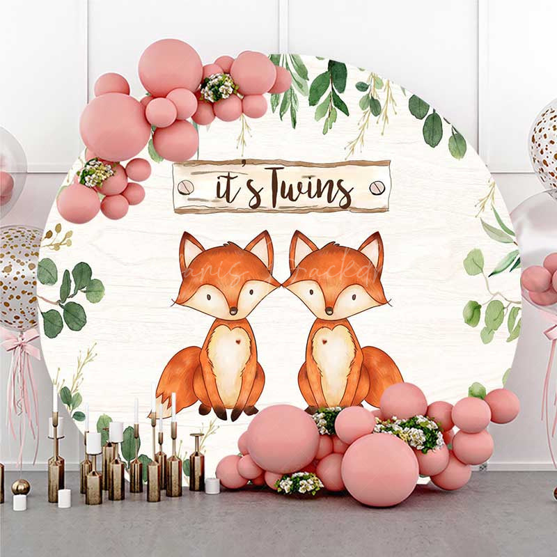 Lofaris Twins Foxes Greenery Baby Shower Round Backdrop