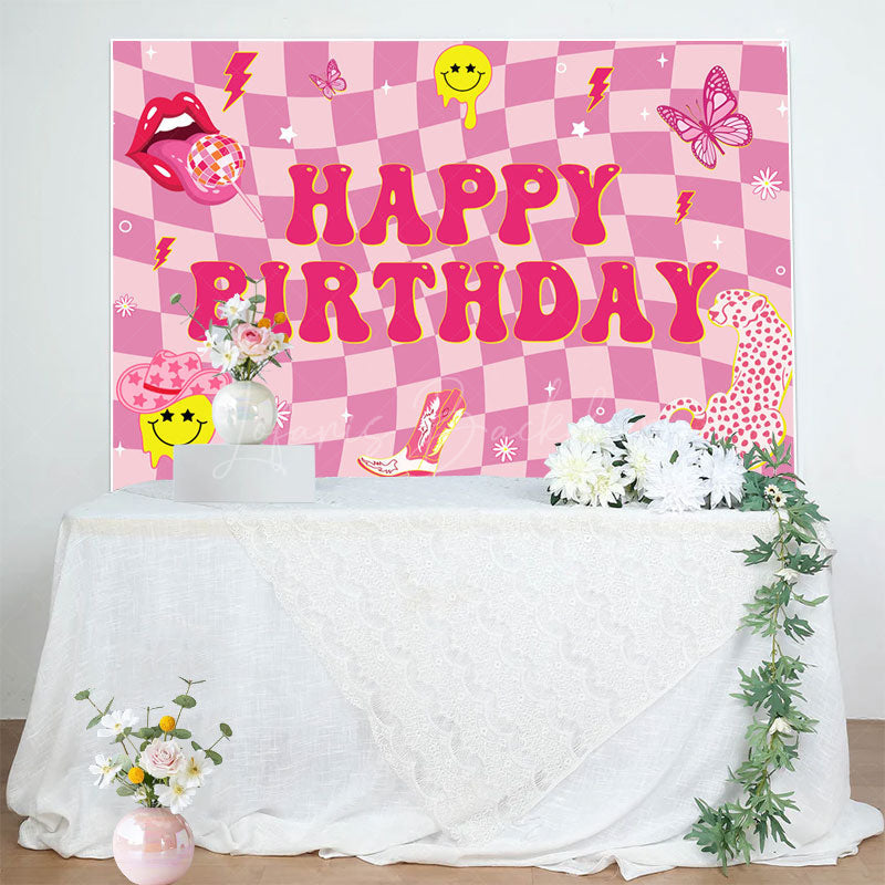 Lofaris Twisted Hot Pink Plaid Leopard Lip Birthday Backdrop