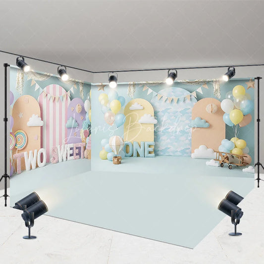 Lofaris Two Sweet and One Room Set Backdrop Blue Cloud Airplane Cake Smash Party Background