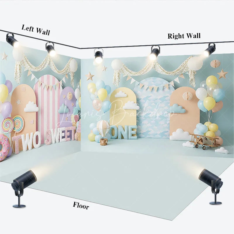 Lofaris Two Sweet and One Room Set Backdrop Blue Cloud Airplane Cake Smash Party Background