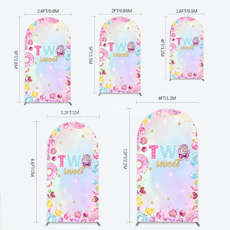 Lofaris Two Sweet Arched Backdrop for 2nd Birthday Candyland Donut Lollipop Party Pastel Rainbow Dessert Table Decor