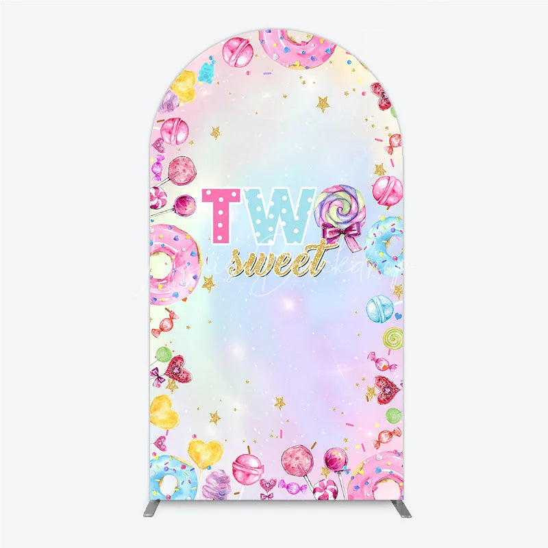 Lofaris Two Sweet Arched Backdrop for 2nd Birthday Candyland Donut Lollipop Party Pastel Rainbow Dessert Table Decor