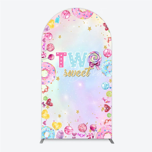 Lofaris Two Sweet Arched Backdrop for 2nd Birthday Candyland Donut Lollipop Party Pastel Rainbow Dessert Table Decor