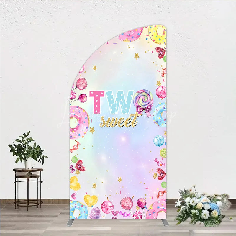 Lofaris Two Sweet Half Moon Arched Backdrop for 2nd Birthday Candyland Donut Lollipop Party Pastel Rainbow Dessert Table Decor
