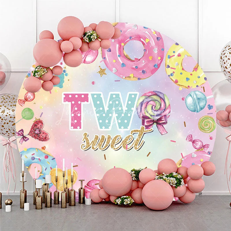 Lofaris Two Sweet Round Backdrop for 2nd Birthday Party Donut and Lollipop Candyland Theme Photo Booth Decor Girls